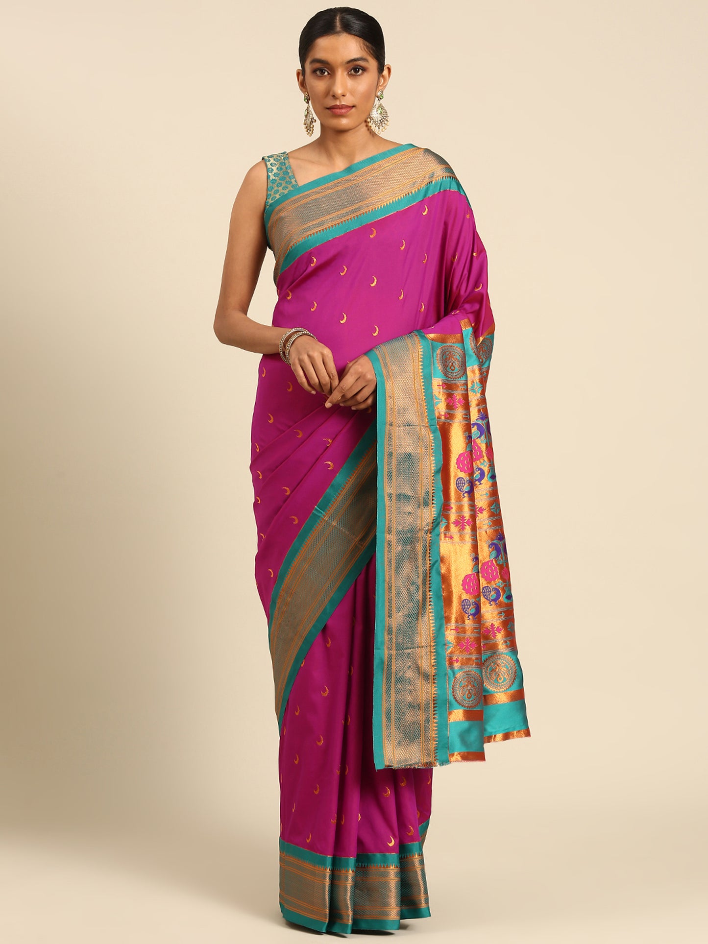 Chandrkala Magenta & Rama Soft Silk Chandrakor Paithani Saree