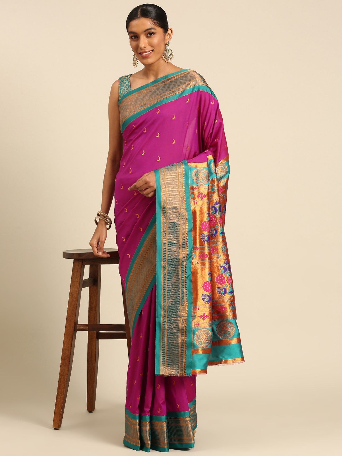 Chandrkala Magenta & Rama Soft Silk Chandrakor Paithani Saree