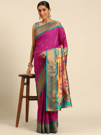 Chandrkala Magenta & Rama Soft Silk Chandrakor Paithani Saree