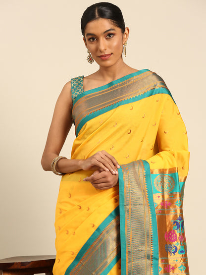 Chandrkala Haldi & Rama Soft Silk Chandrakor Paithani Saree