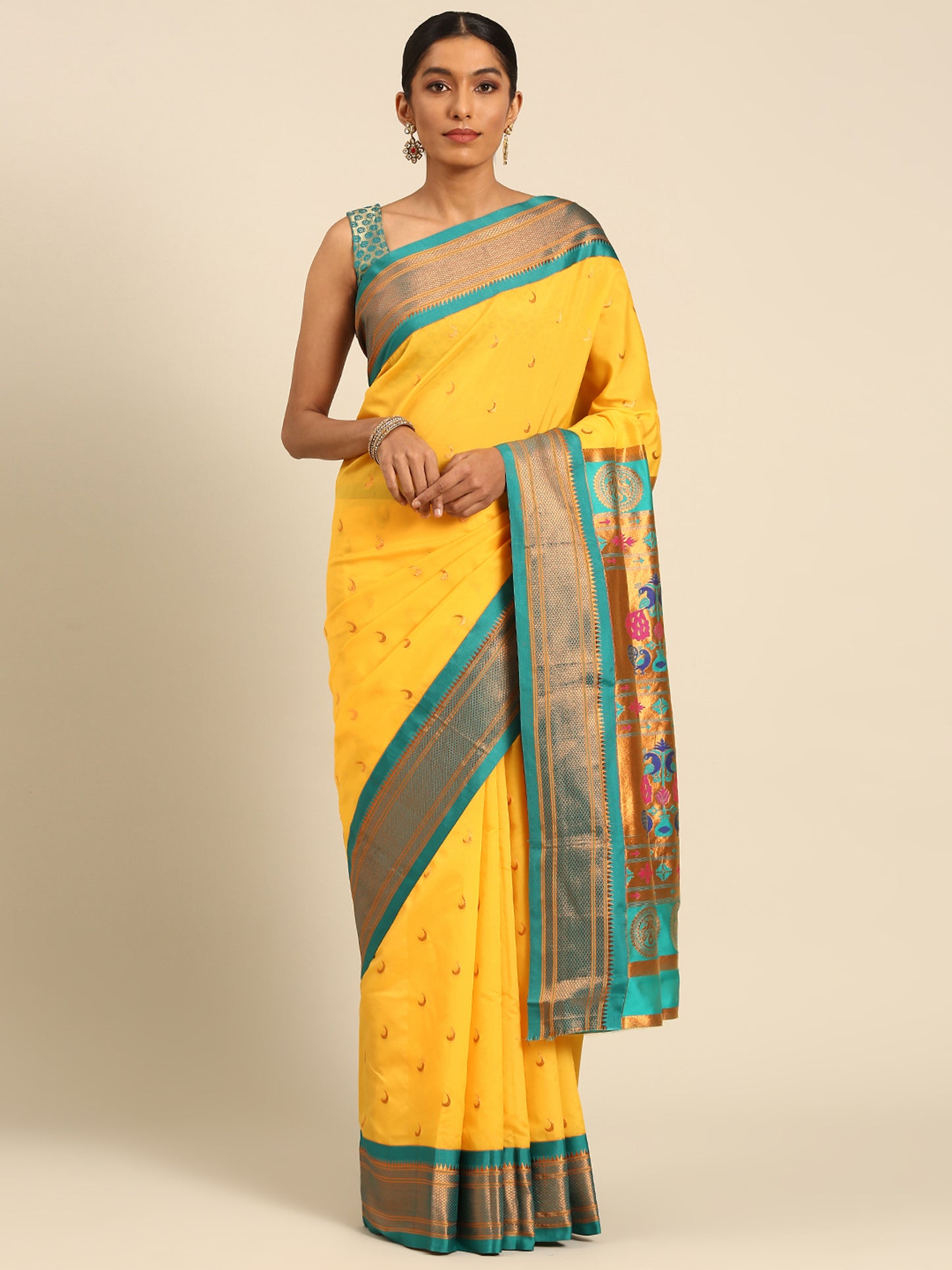 Chandrkala Haldi & Rama Soft Silk Chandrakor Paithani Saree