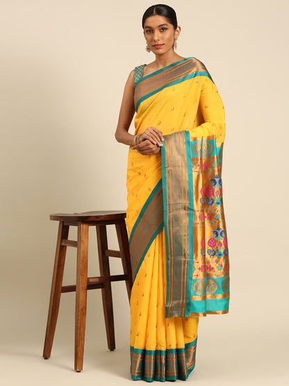 Chandrkala Haldi & Rama Soft Silk Chandrakor Paithani Saree