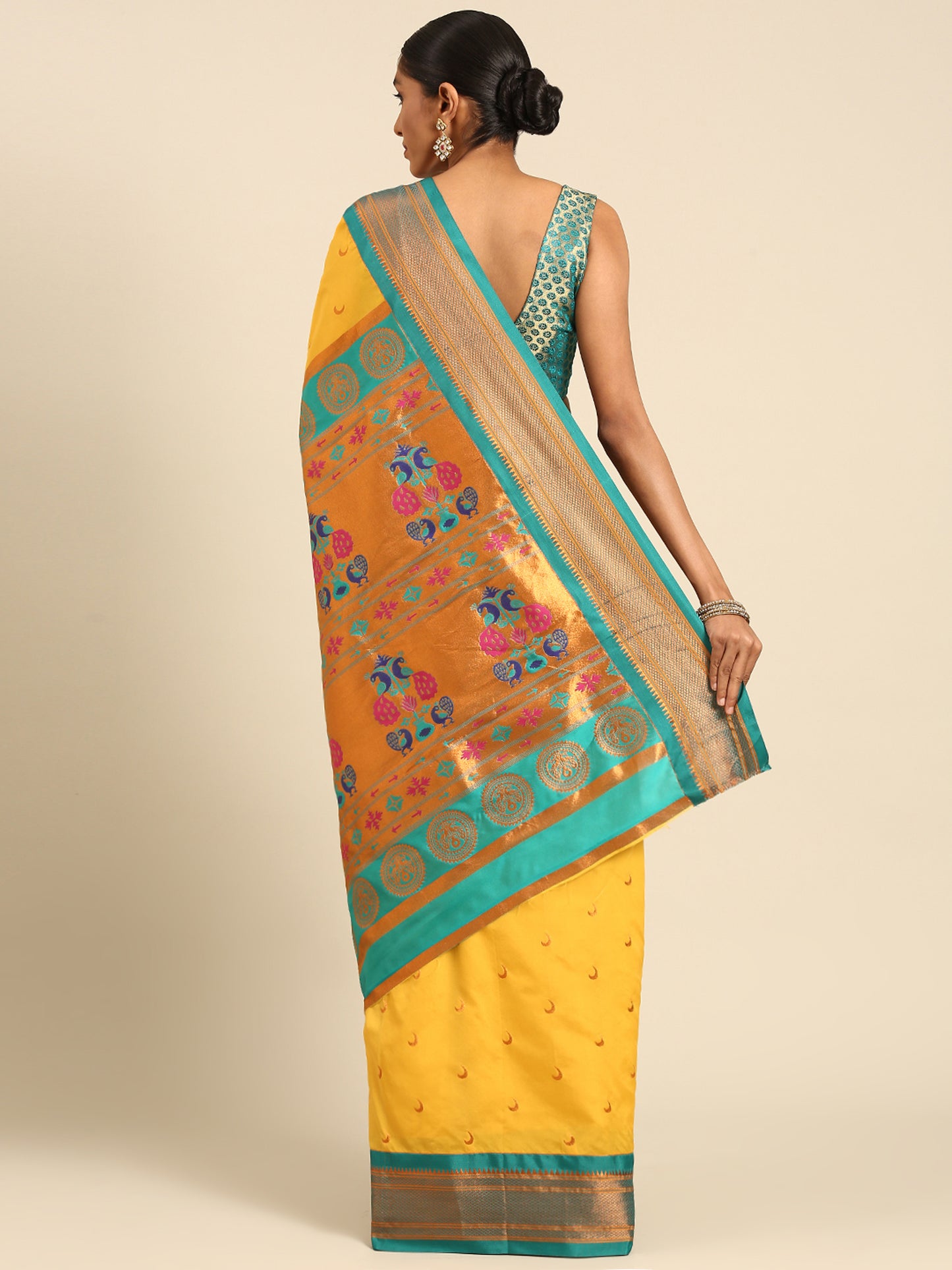 Chandrkala Haldi & Rama Soft Silk Chandrakor Paithani Saree