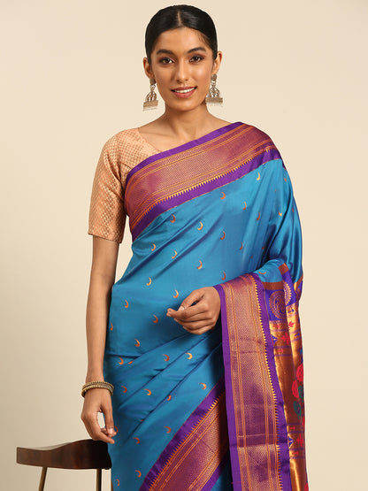 Chandrkala Firozi & Violet Soft Silk Chandrakor Paithani Saree