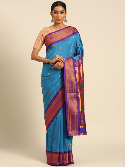 Chandrkala Firozi & Violet Soft Silk Chandrakor Paithani Saree