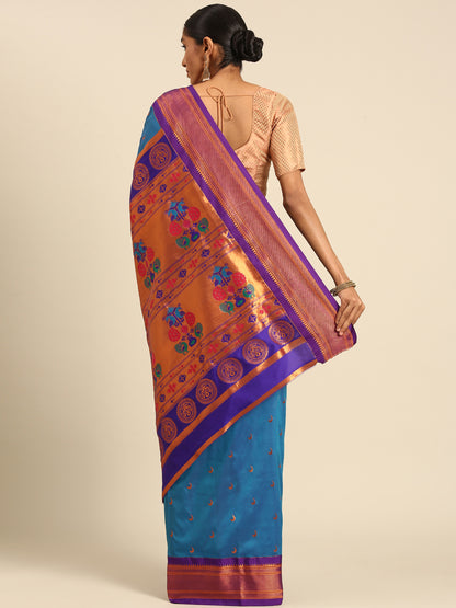 Chandrkala Firozi & Violet Soft Silk Chandrakor Paithani Saree