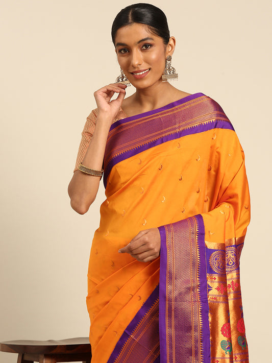 Chandrkala Orange & Violet Soft Silk Chandrakor Paithani Saree