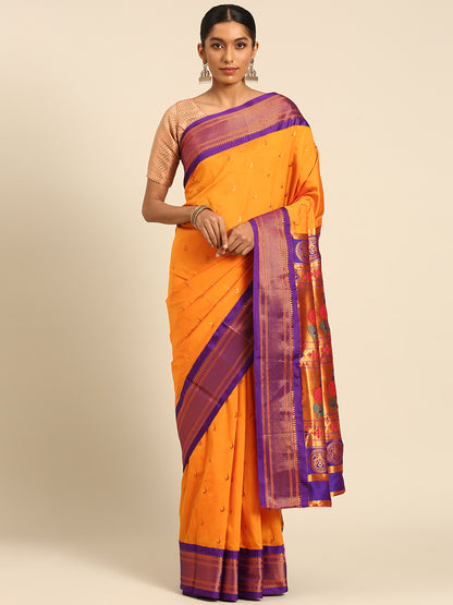 Chandrkala Orange & Violet Soft Silk Chandrakor Paithani Saree