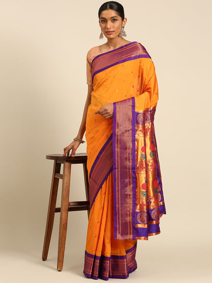 Chandrkala Orange & Violet Soft Silk Chandrakor Paithani Saree