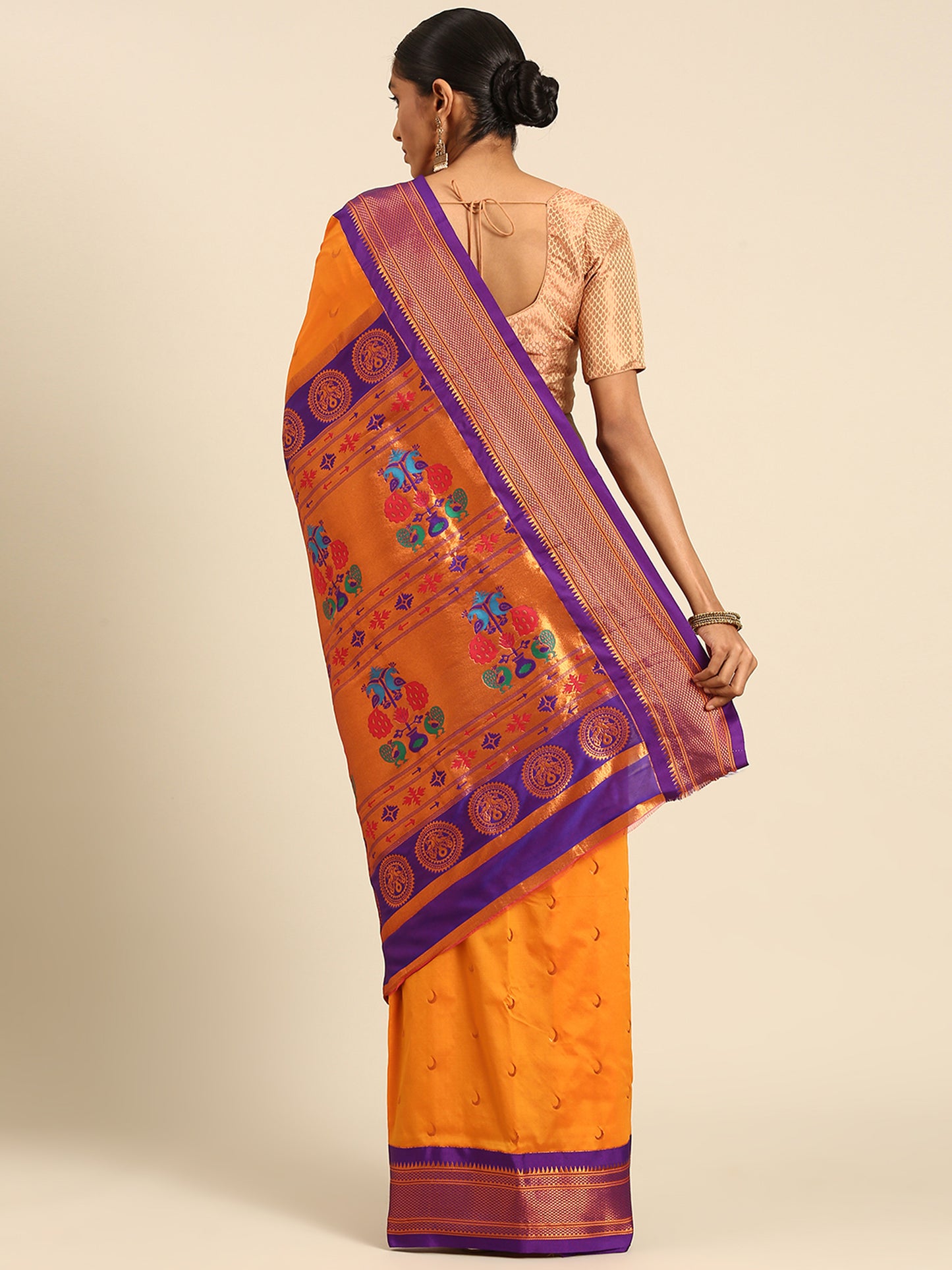 Chandrkala Orange & Violet Soft Silk Chandrakor Paithani Saree