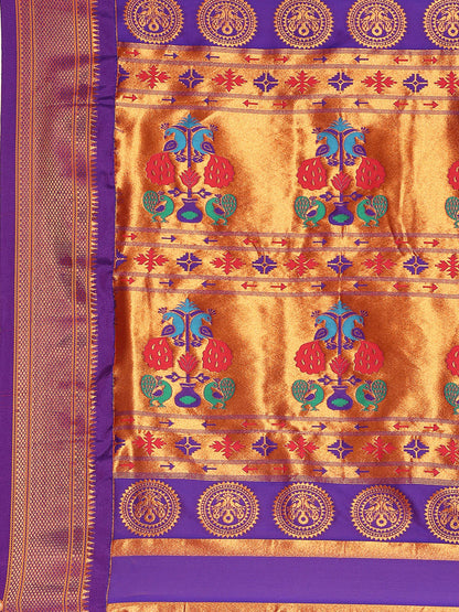 Chandrkala Orange & Violet Soft Silk Chandrakor Paithani Saree