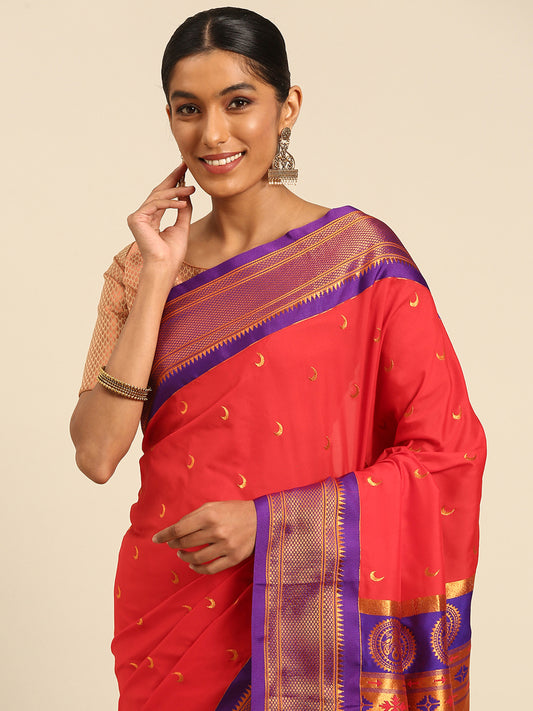 Chandrkala Red & Violet Soft Silk Chandrakor Paithani Saree