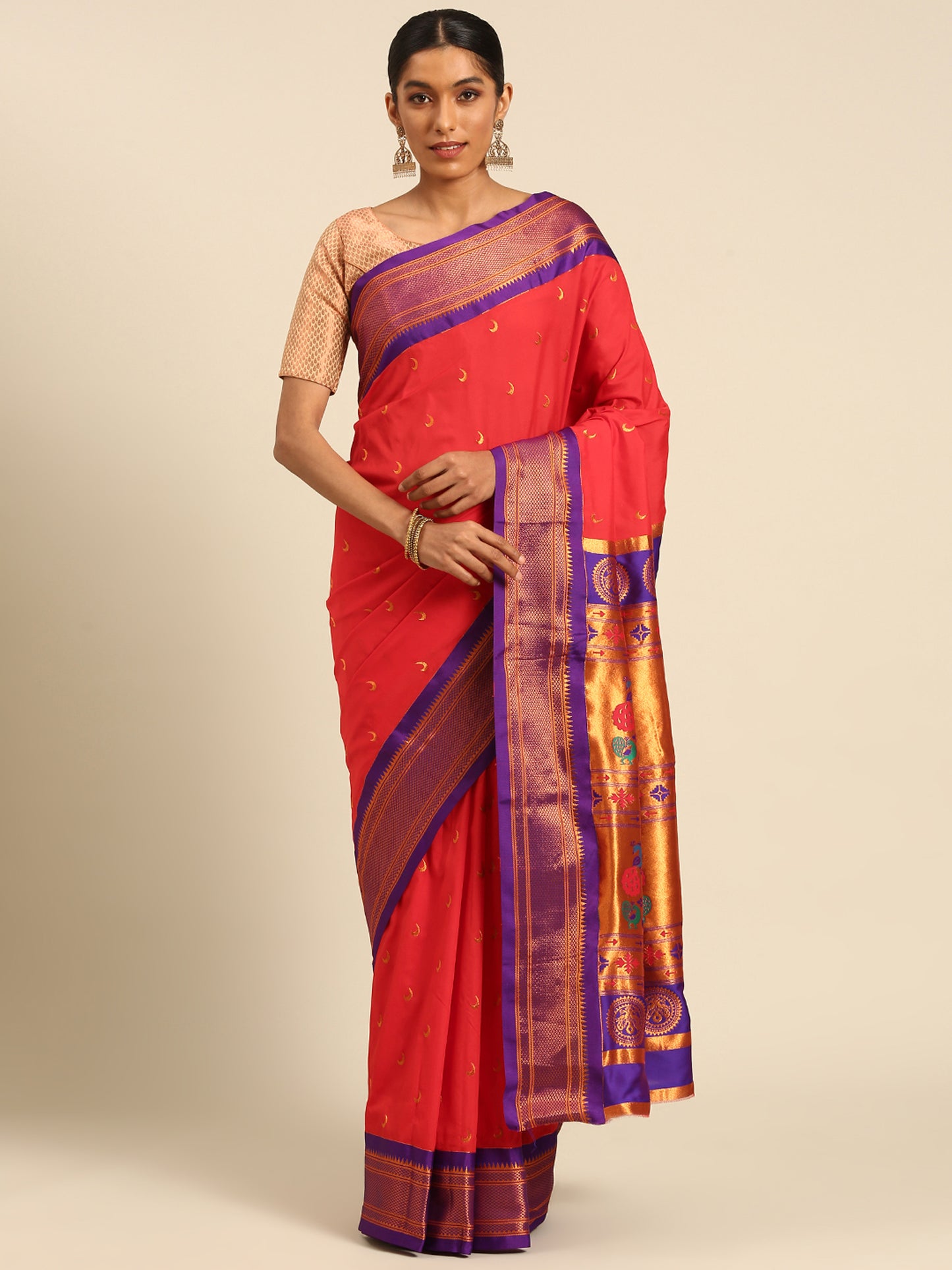 Chandrkala Red & Violet Soft Silk Chandrakor Paithani Saree