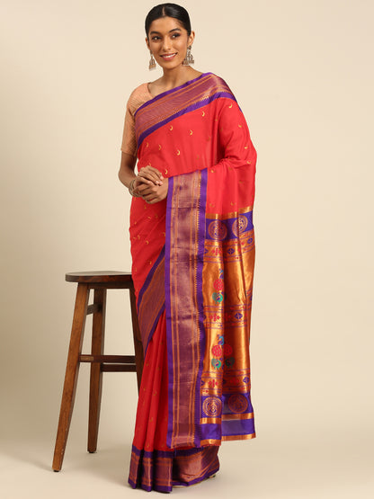 Chandrkala Red & Violet Soft Silk Chandrakor Paithani Saree