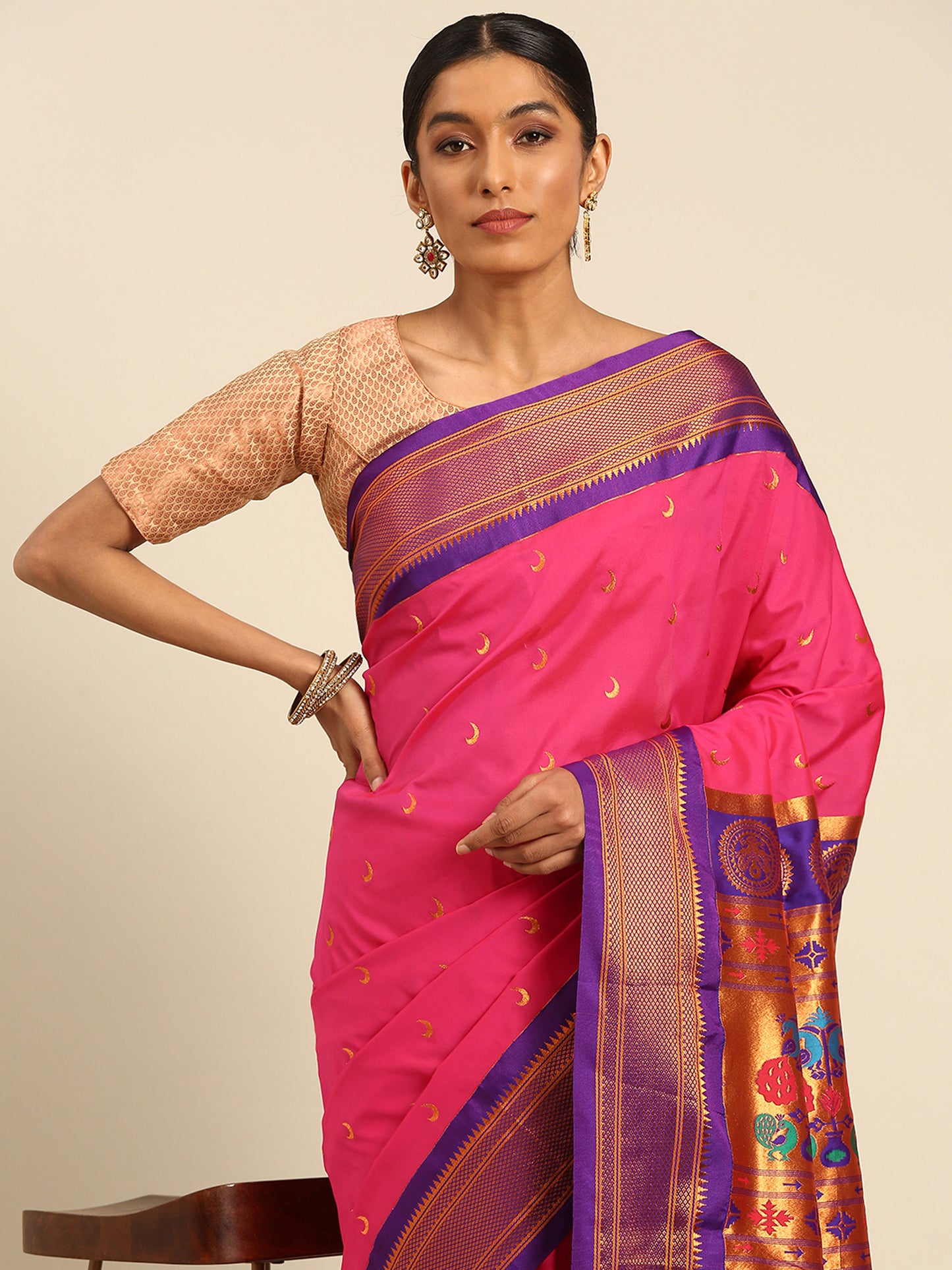 Chandrkala Hot Pink & Violet Soft Silk Chandrakor Paithani Saree