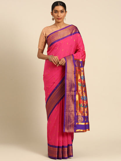 Chandrkala Hot Pink & Violet Soft Silk Chandrakor Paithani Saree