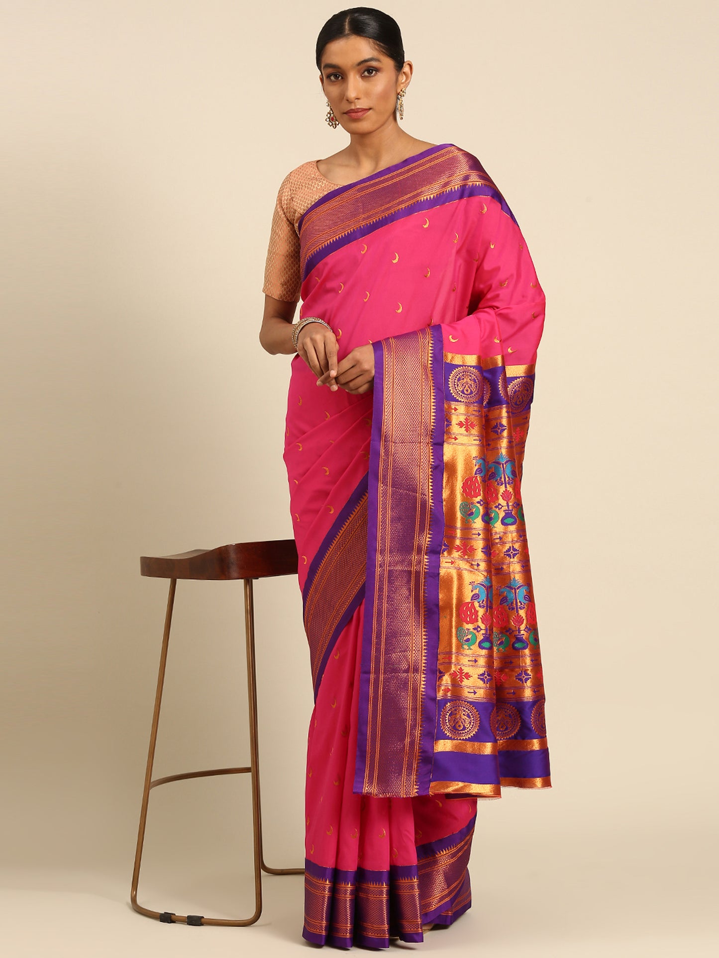 Chandrkala Hot Pink & Violet Soft Silk Chandrakor Paithani Saree