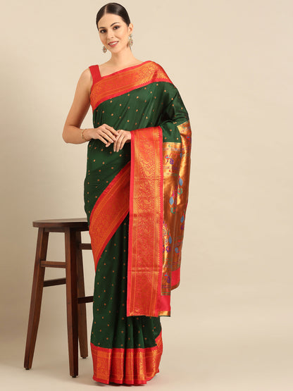 Kanika Bottle Green & Red Soft Silk Fancy Pallu Kadiyal Paithani Saree