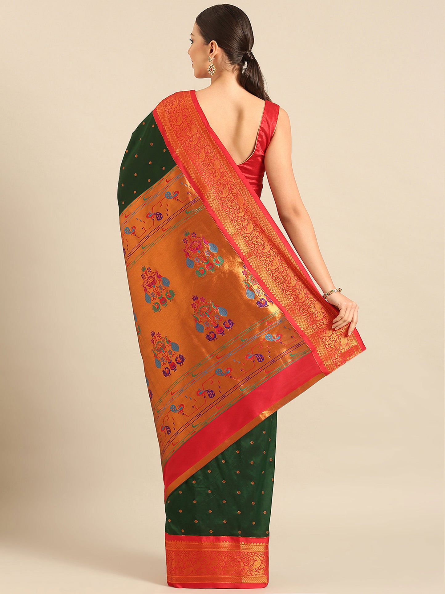 Kanika Bottle Green & Red Soft Silk Fancy Pallu Kadiyal Paithani Saree