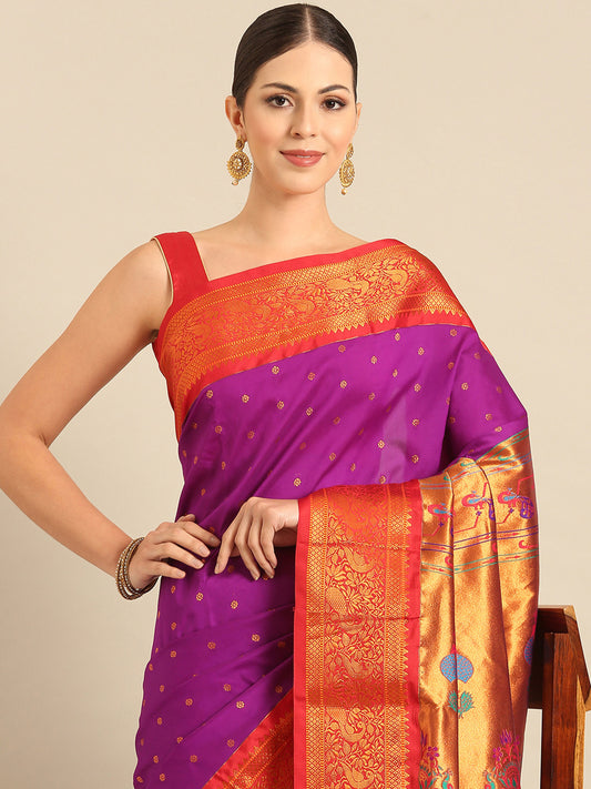 Kanika Purple & Red Soft Silk Fancy Pallu Kadiyal Paithani Saree