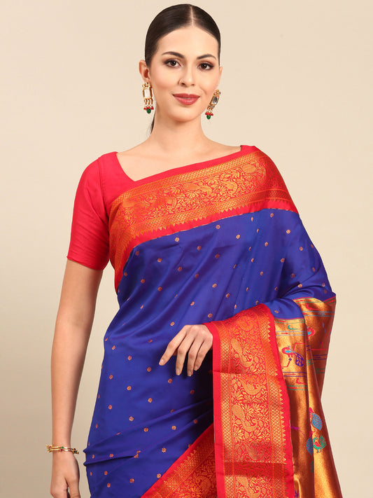 Kanika Royal Blue & Red Soft Silk Fancy Pallu Kadiyal Paithani Saree