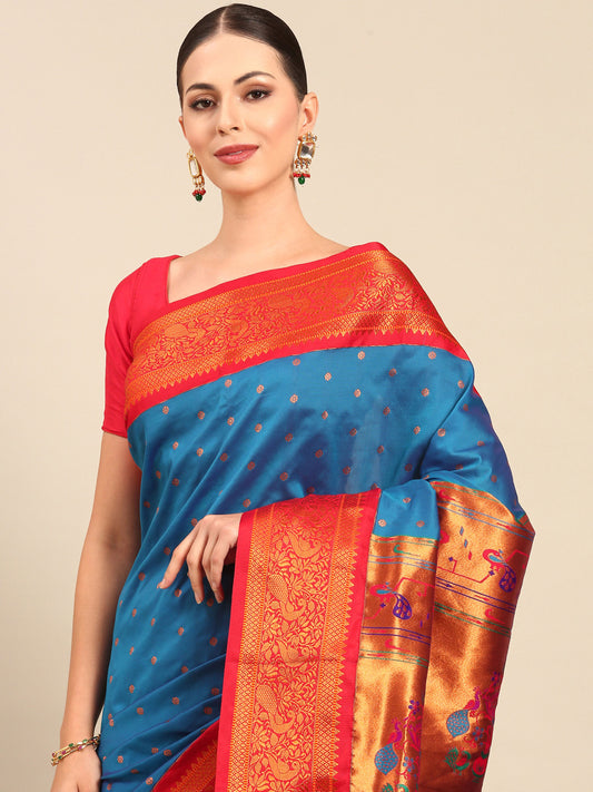 Kanika Firozi & Red Soft Silk Fancy Pallu Kadiyal Paithani Saree