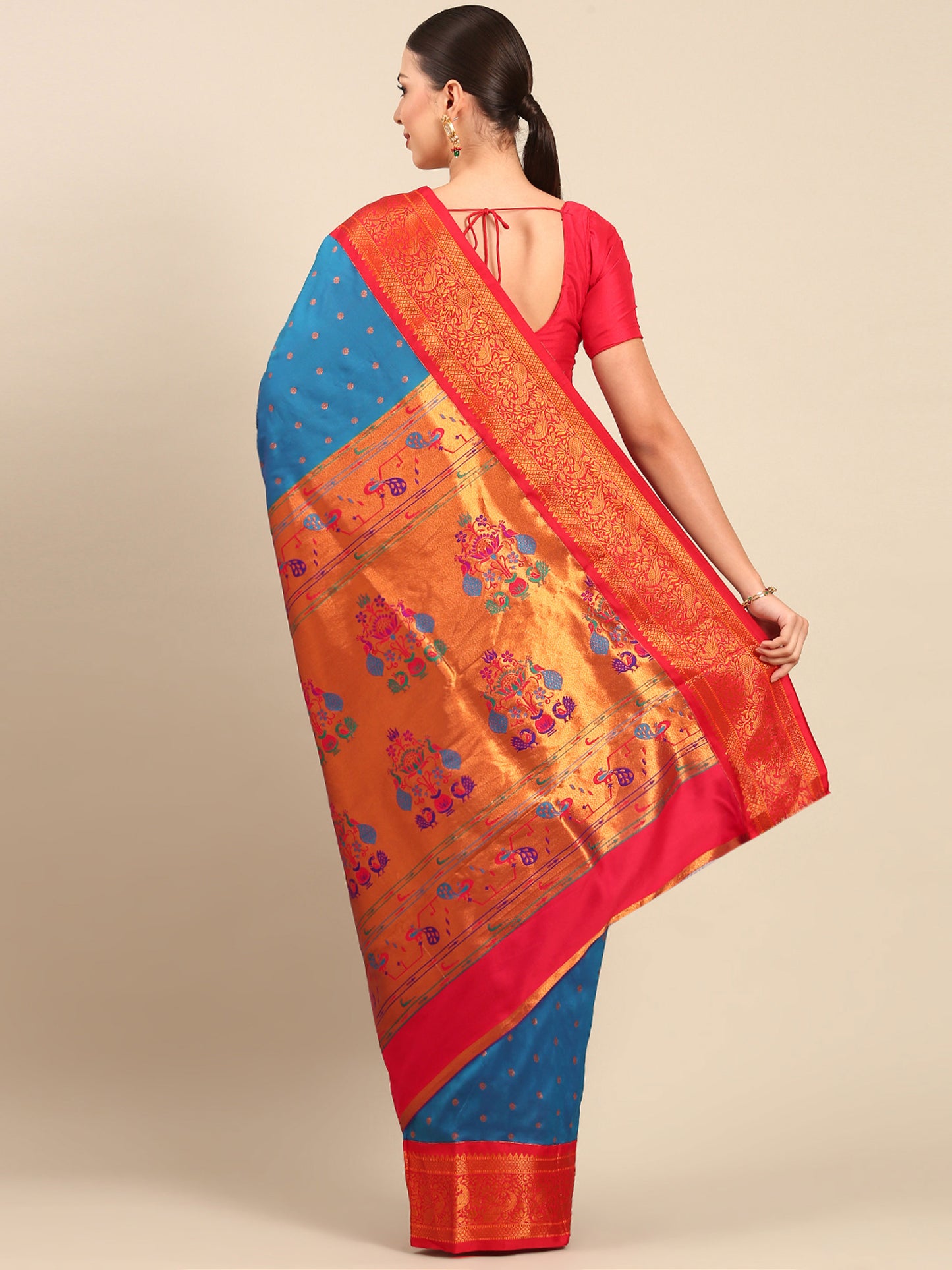 Kanika Firozi & Red Soft Silk Fancy Pallu Kadiyal Paithani Saree