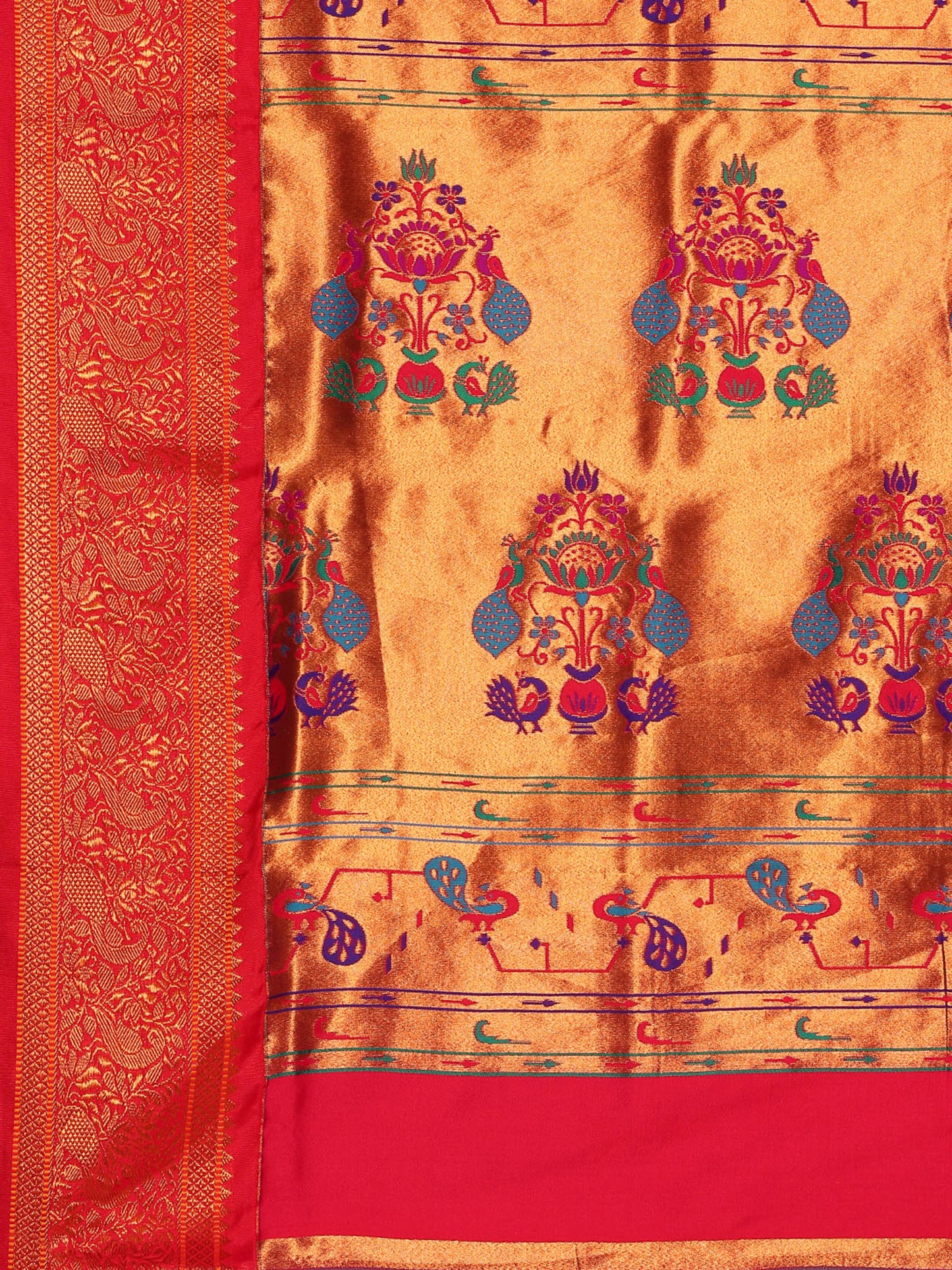 Kanika Firozi & Red Soft Silk Fancy Pallu Kadiyal Paithani Saree