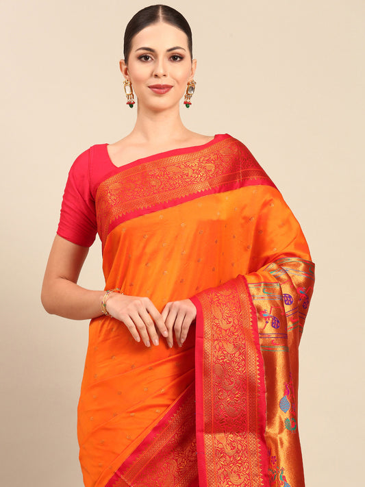 Kanika Orange & Red Soft Silk Fancy Pallu Kadiyal Paithani Saree