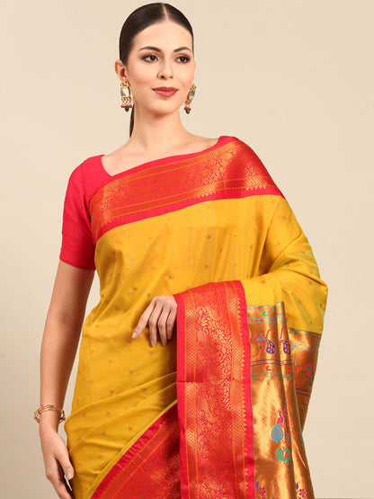 Kanika Mustard & Red Soft Silk Fancy Pallu Kadiyal Paithani Saree