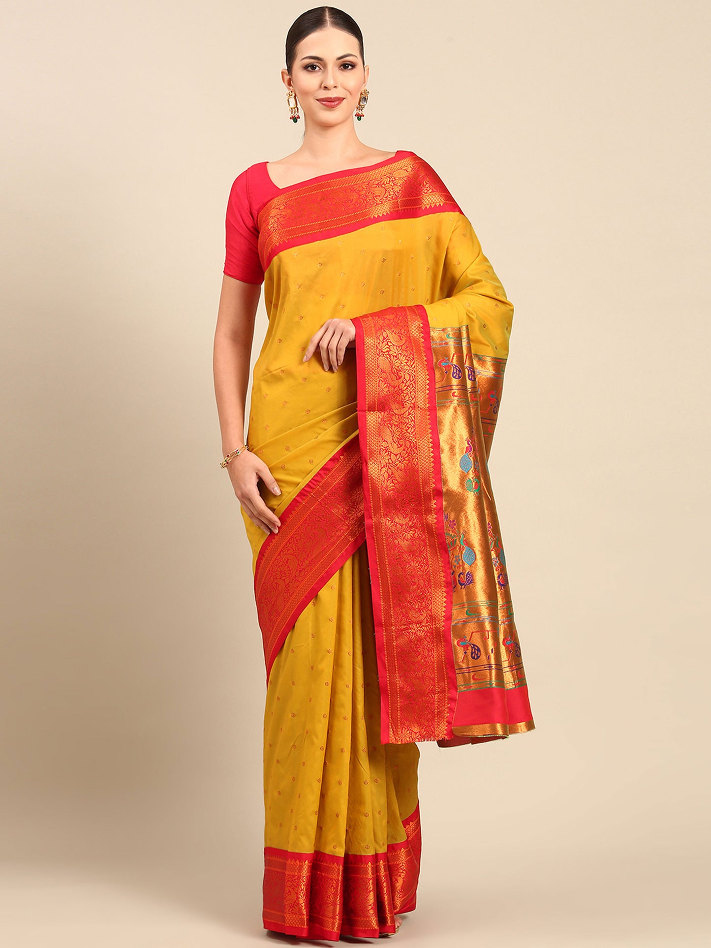 Kanika Mustard & Red Soft Silk Fancy Pallu Kadiyal Paithani Saree