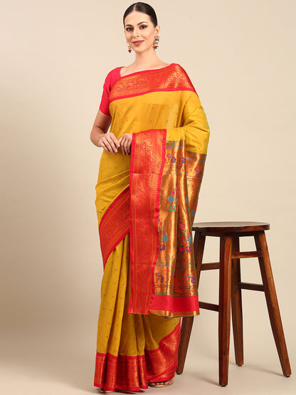 Kanika Mustard & Red Soft Silk Fancy Pallu Kadiyal Paithani Saree