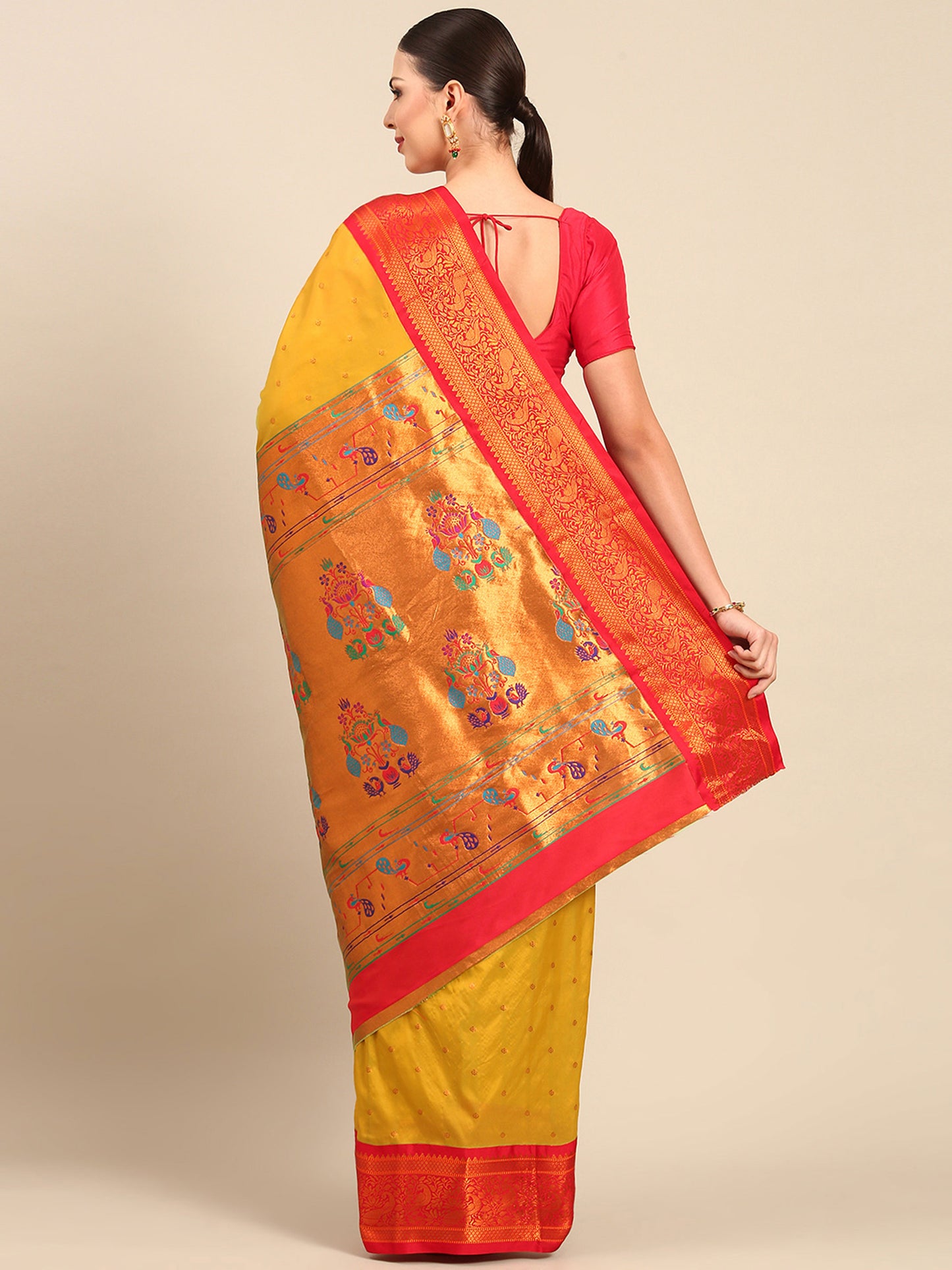 Kanika Mustard & Red Soft Silk Fancy Pallu Kadiyal Paithani Saree