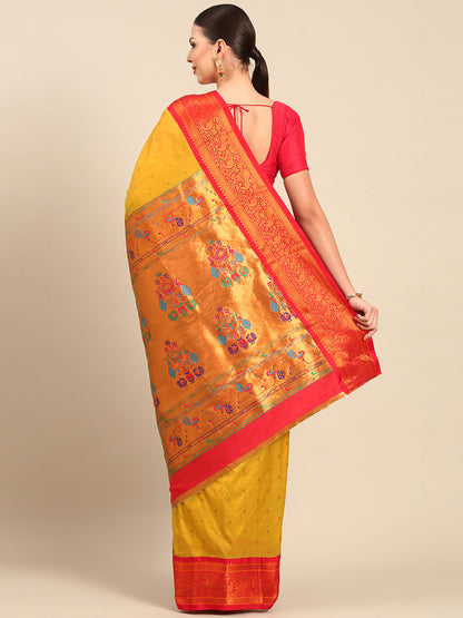 Kanika Mustard & Red Soft Silk Fancy Pallu Kadiyal Paithani Saree