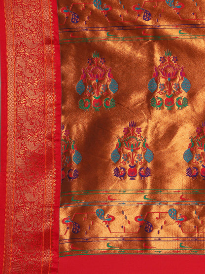 Kanika Mustard & Red Soft Silk Fancy Pallu Kadiyal Paithani Saree