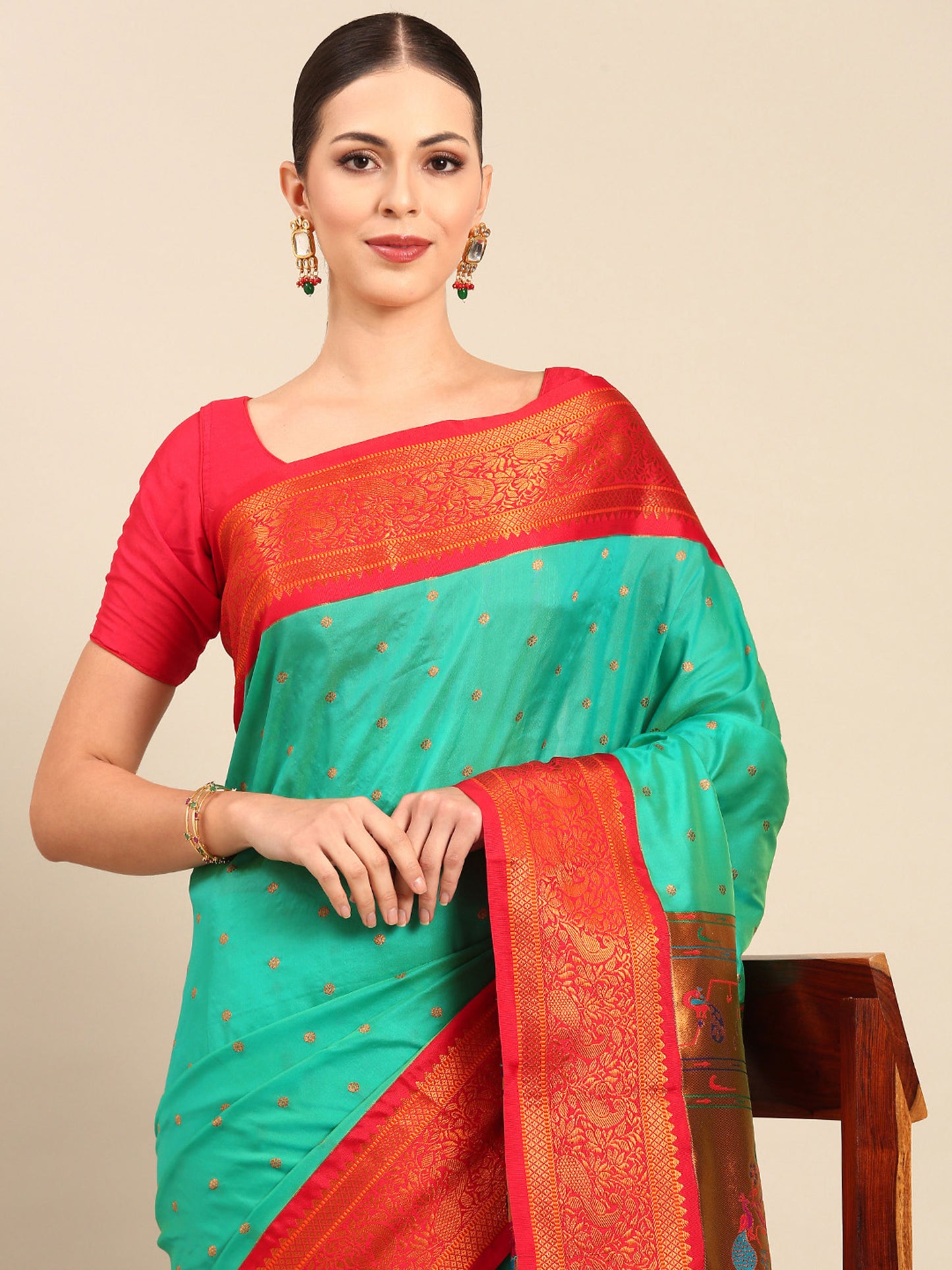 Kanika Sea Green & Red Soft Silk Fancy Pallu Kadiyal Paithani Saree