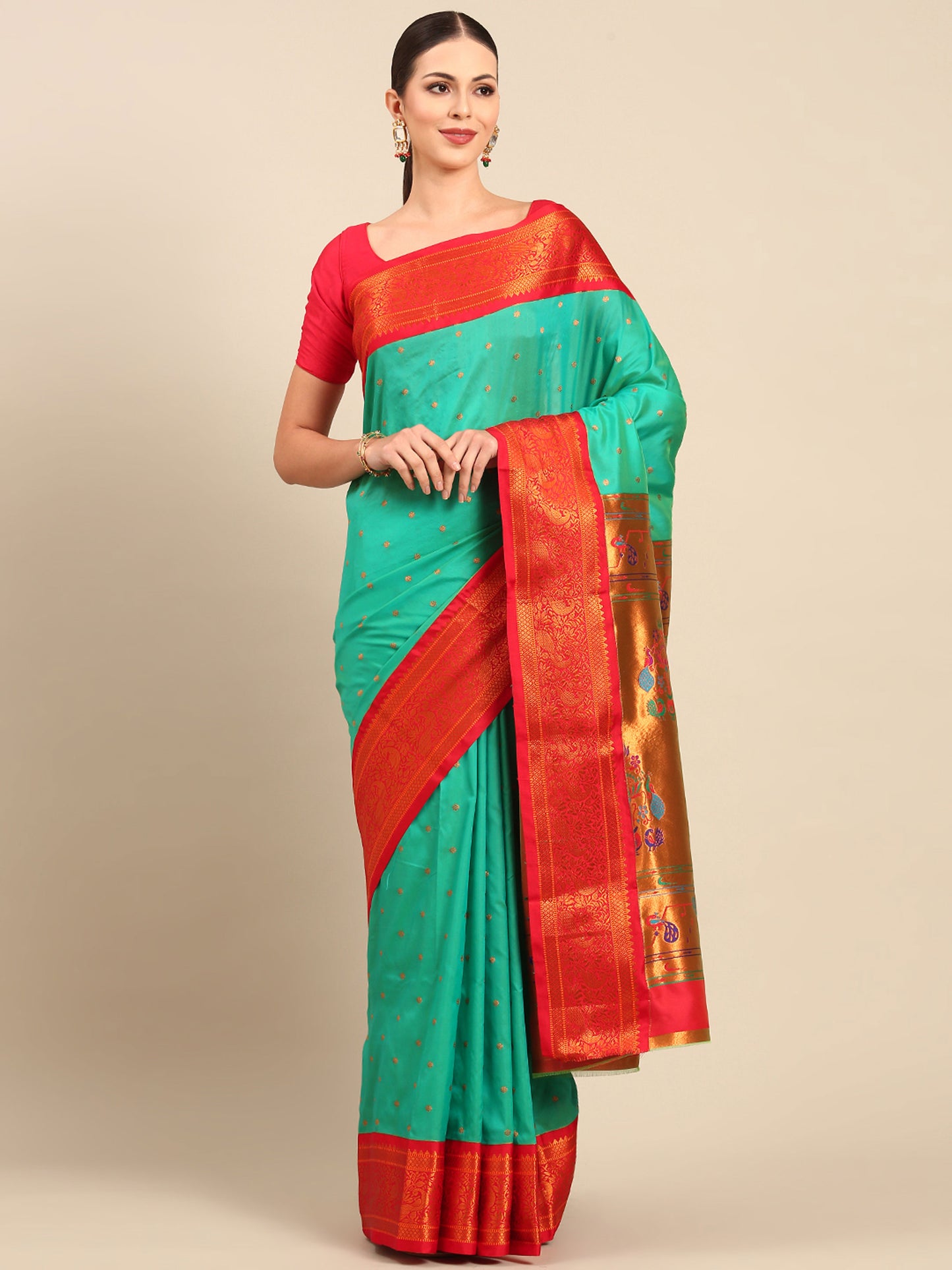 Kanika Sea Green & Red Soft Silk Fancy Pallu Kadiyal Paithani Saree