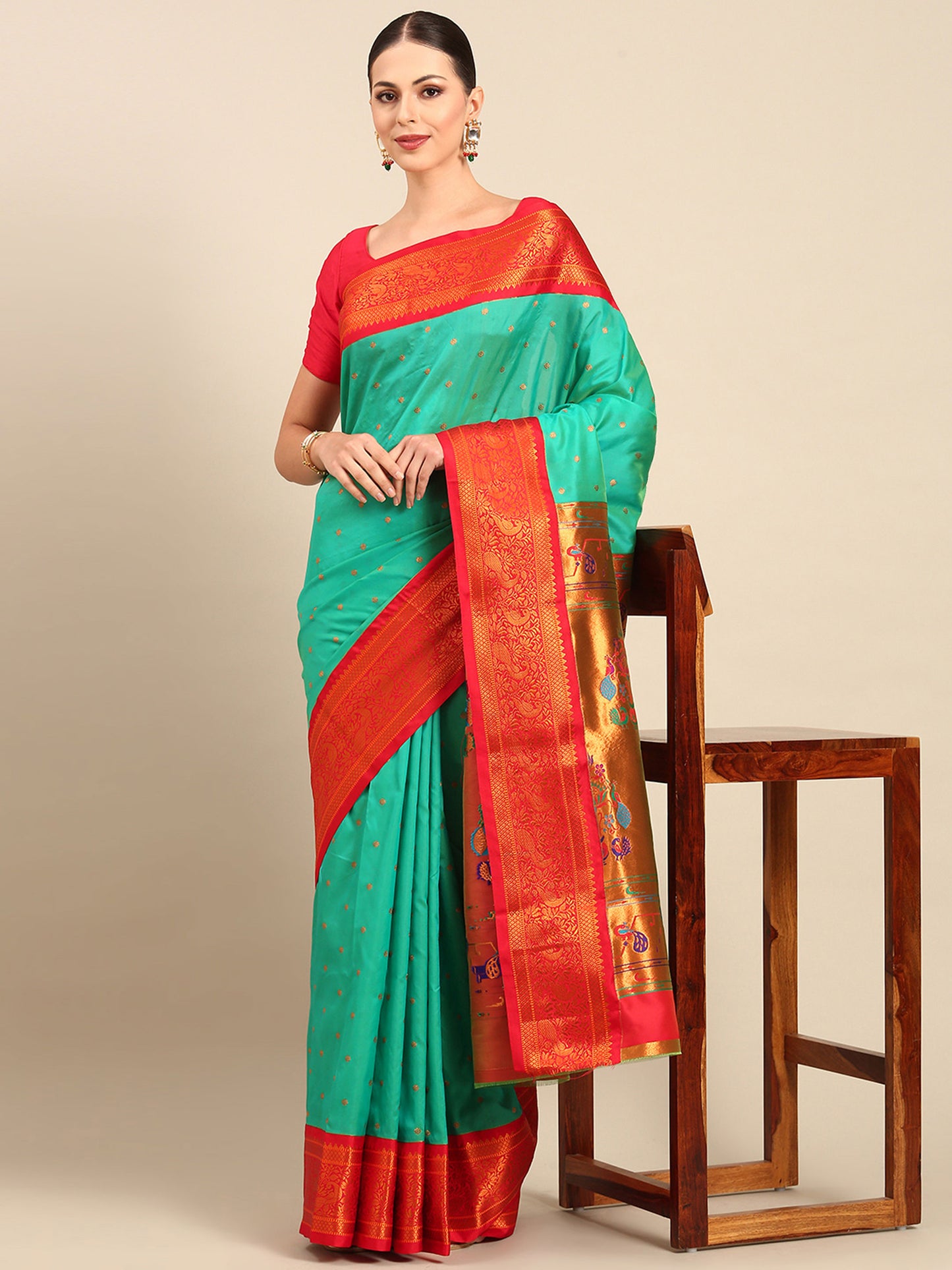 Kanika Sea Green & Red Soft Silk Fancy Pallu Kadiyal Paithani Saree