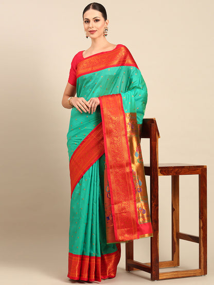 Kanika Sea Green & Red Soft Silk Fancy Pallu Kadiyal Paithani Saree