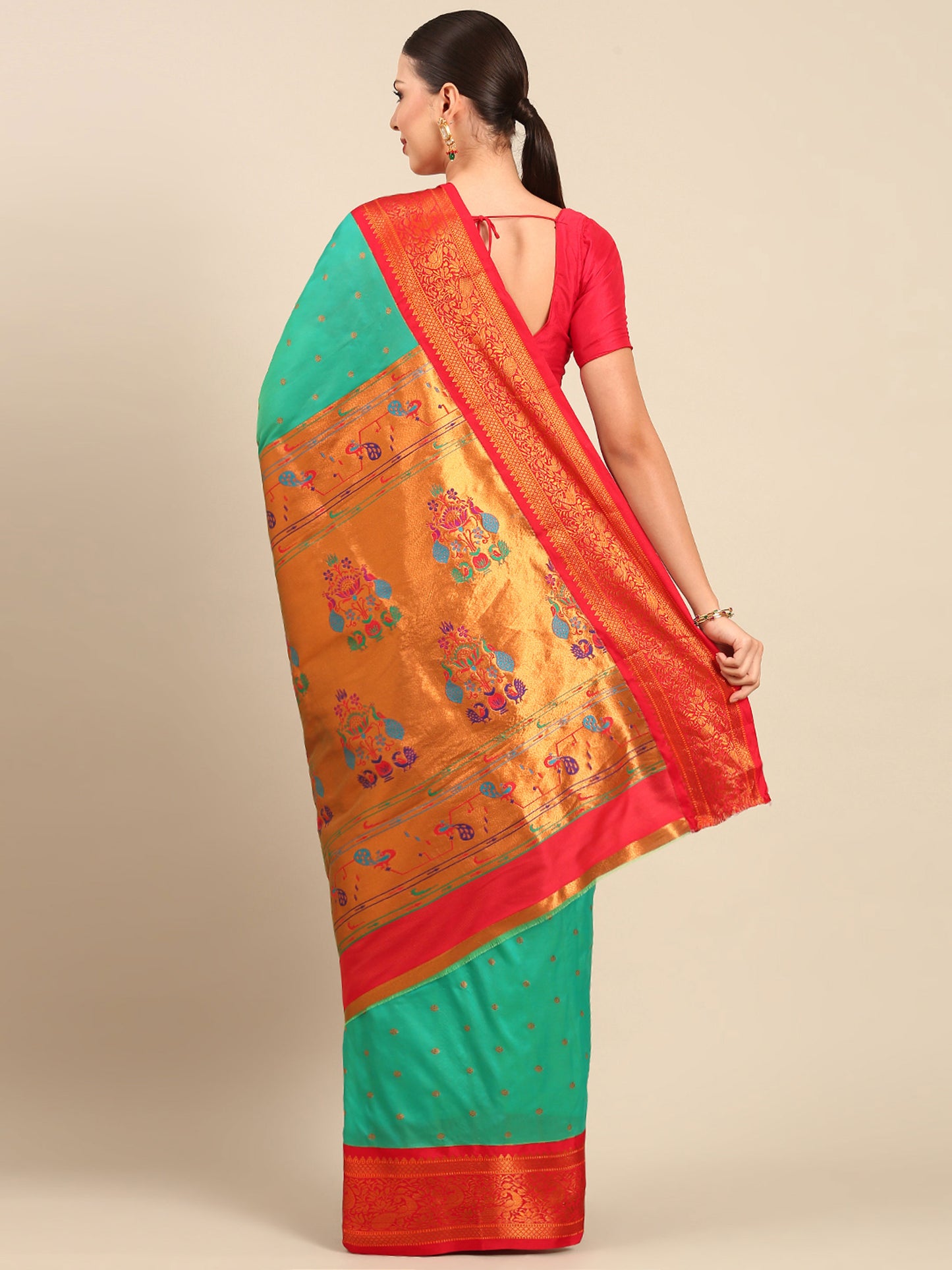 Kanika Sea Green & Red Soft Silk Fancy Pallu Kadiyal Paithani Saree