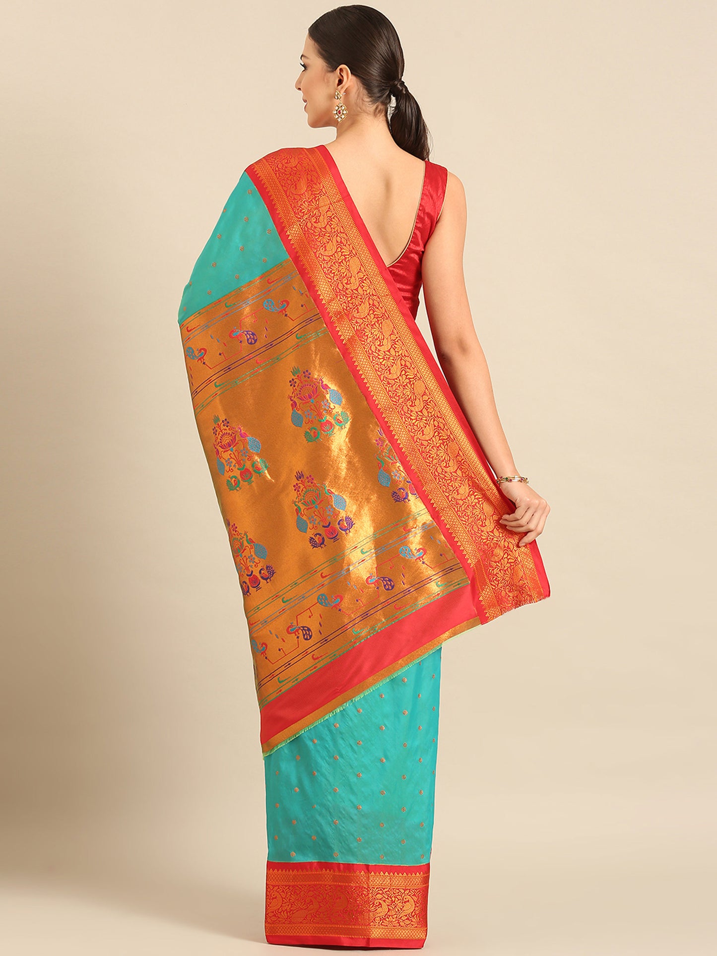 Kanika Chintamani Blue & Red Soft Silk Fancy Pallu Kadiyal Paithani Saree