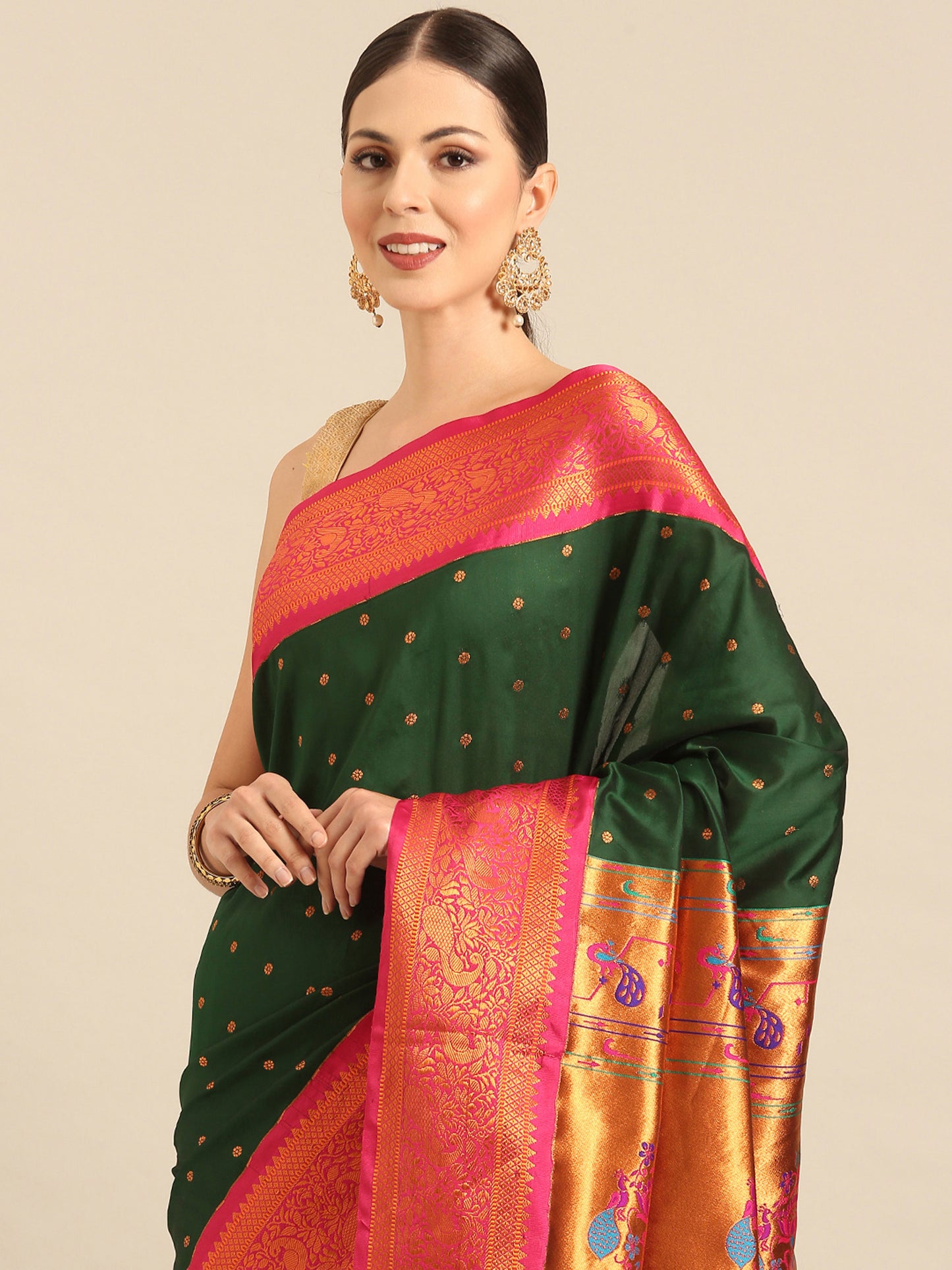 Kanika Bottle Green & Pink Soft Silk Fancy Pallu Kadiyal Paithani Saree