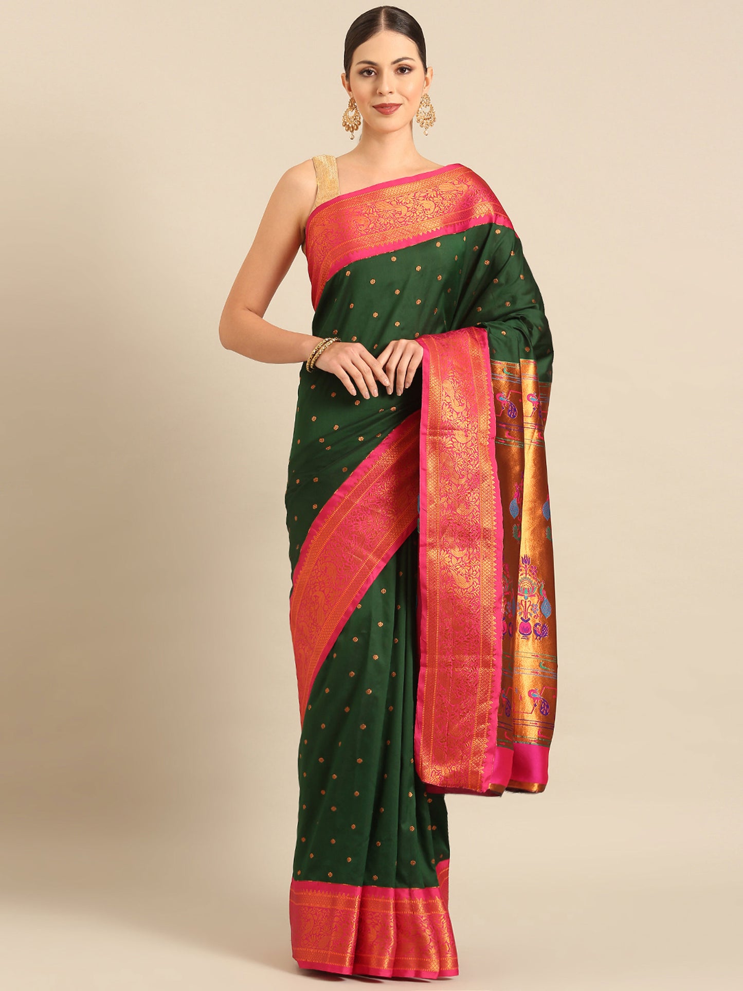 Kanika Bottle Green & Pink Soft Silk Fancy Pallu Kadiyal Paithani Saree