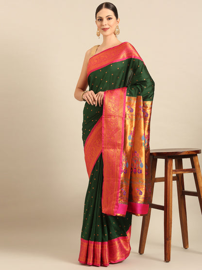 Kanika Bottle Green & Pink Soft Silk Fancy Pallu Kadiyal Paithani Saree