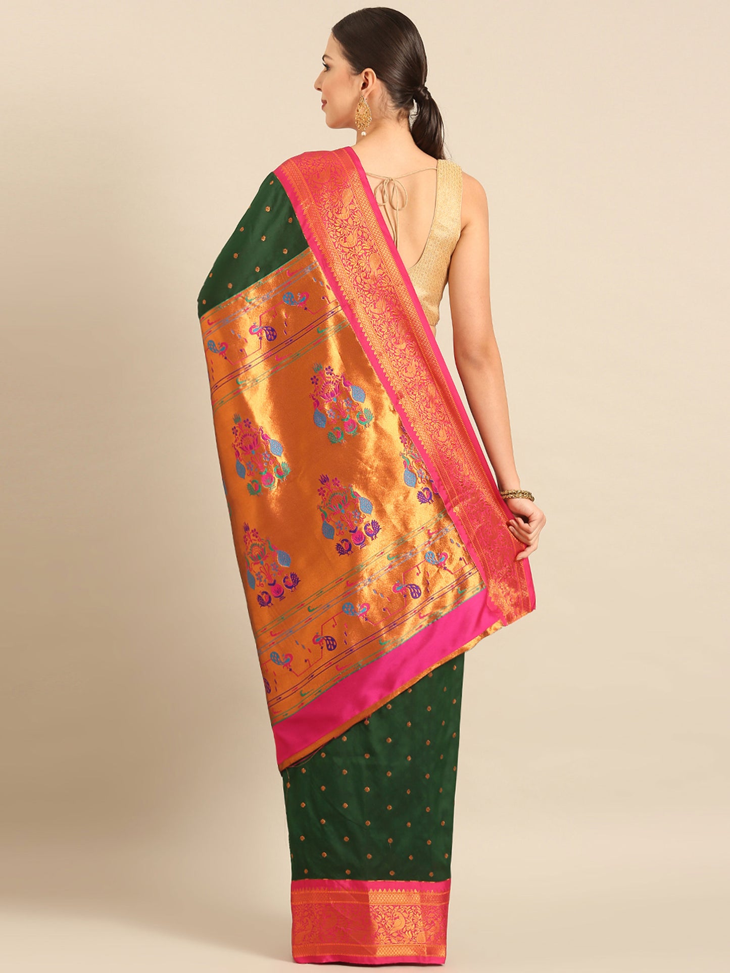 Kanika Bottle Green & Pink Soft Silk Fancy Pallu Kadiyal Paithani Saree