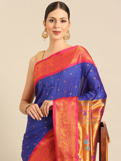 Kanika Royal Blue & Pink Soft Silk Fancy Pallu Kadiyal Paithani Saree