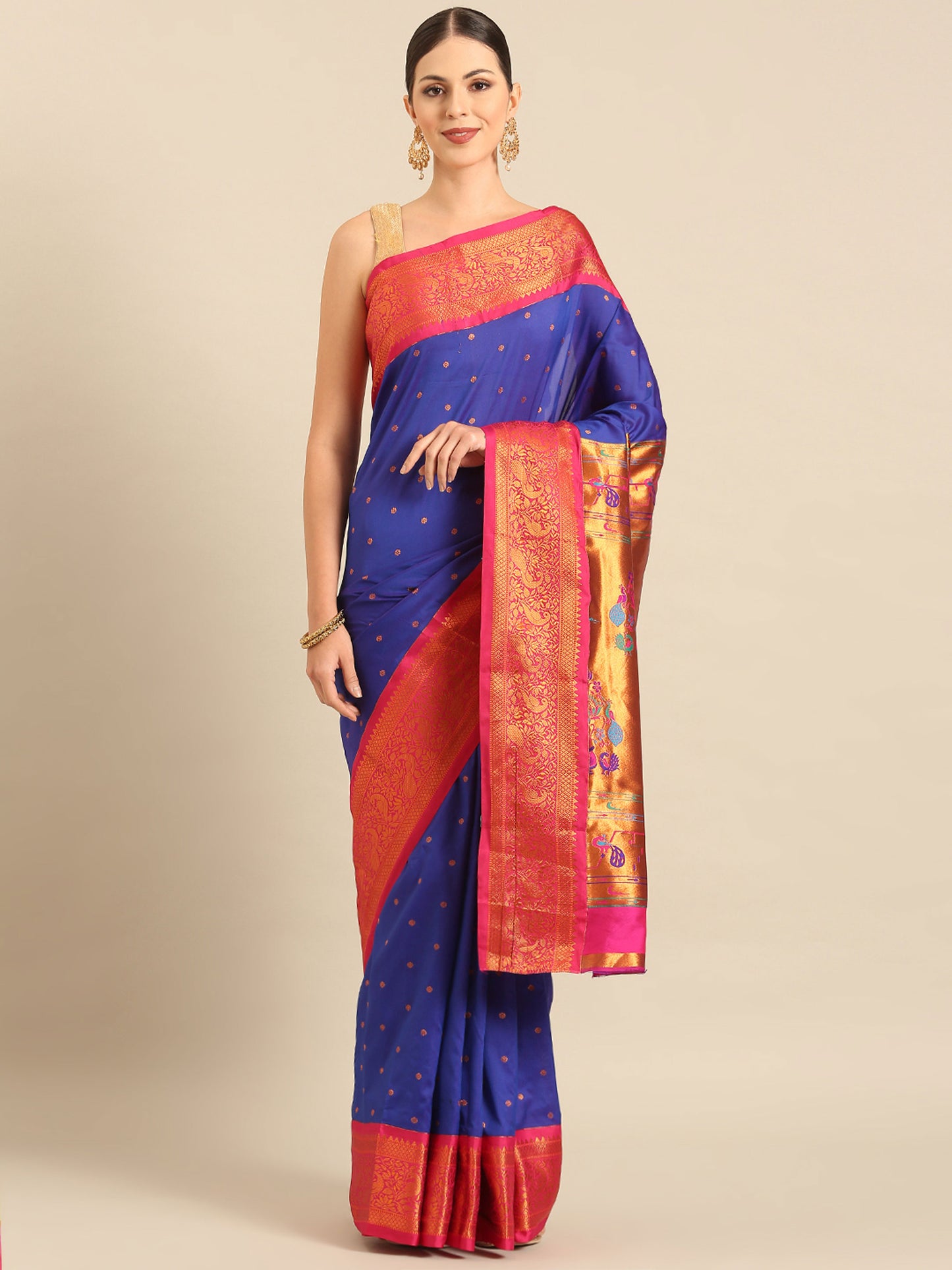 Kanika Royal Blue & Pink Soft Silk Fancy Pallu Kadiyal Paithani Saree