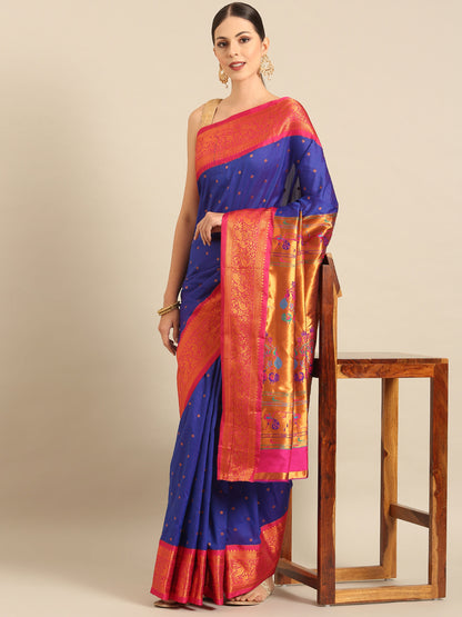 Kanika Royal Blue & Pink Soft Silk Fancy Pallu Kadiyal Paithani Saree