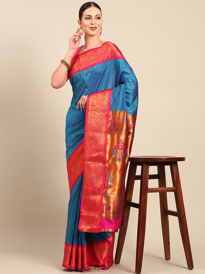 Kanika Firozi & Pink Soft Silk Fancy Pallu Kadiyal Paithani Saree