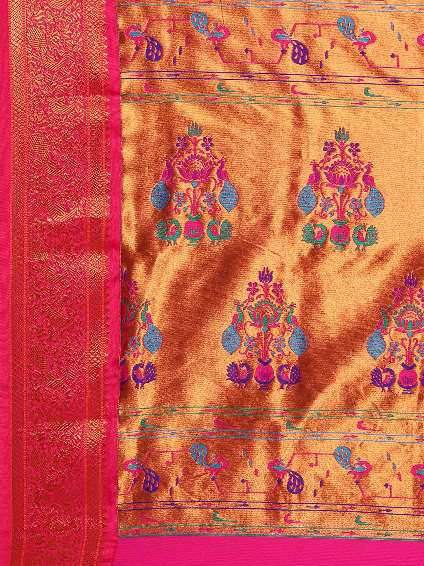 Kanika Firozi & Pink Soft Silk Fancy Pallu Kadiyal Paithani Saree